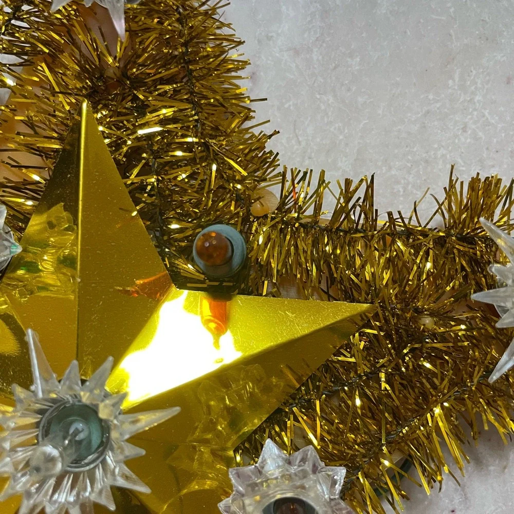 Vintage Gold Tinsel Star Tree Topper from 1970’s 11 Lights w/Original Box Works!
